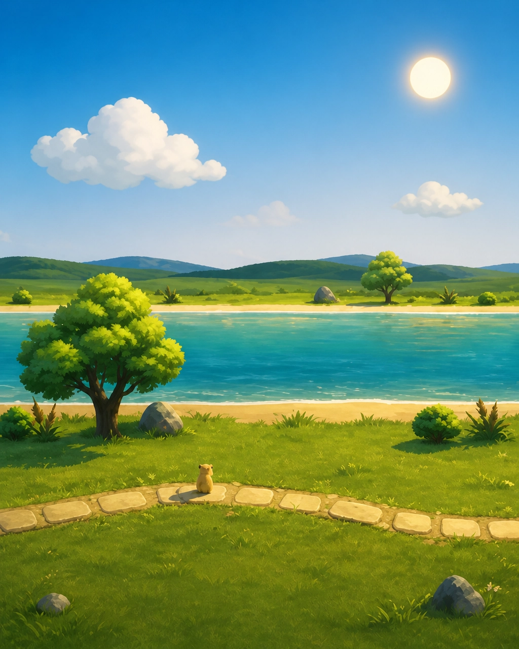 Adventure concept illustration selected by the founders: a capybara on a stone path beside a turquoise river under a bright blue sky.