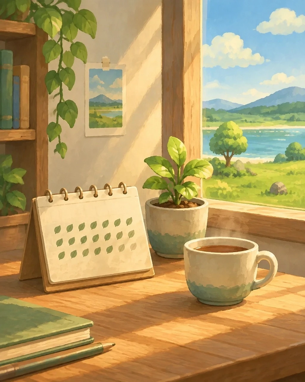 A notebook and coffee mug beside a sunny window, with greenery and a landscape outside.