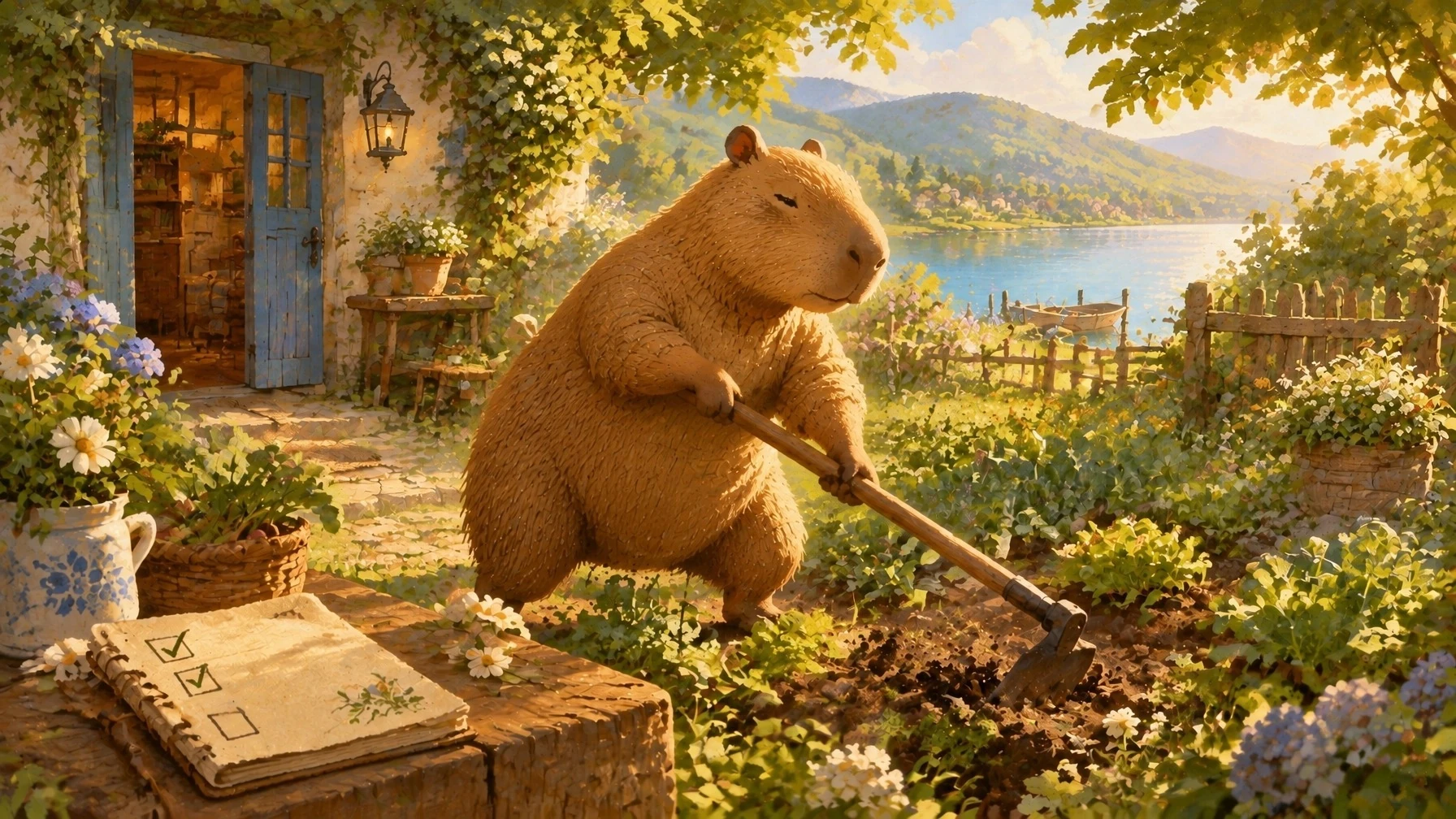 Concept illustration of a capybara tending a small garden beside a cottage.