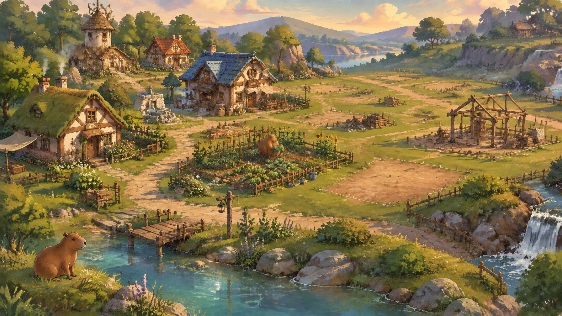 Concept illustration of capybaras in a riverside village with gardens, paths, and wooden homes.