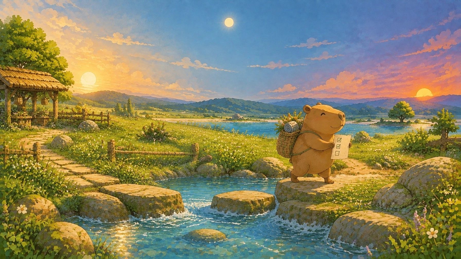 Concept illustration of a capybara beside stepping stones across a stream in a sunlit meadow.
