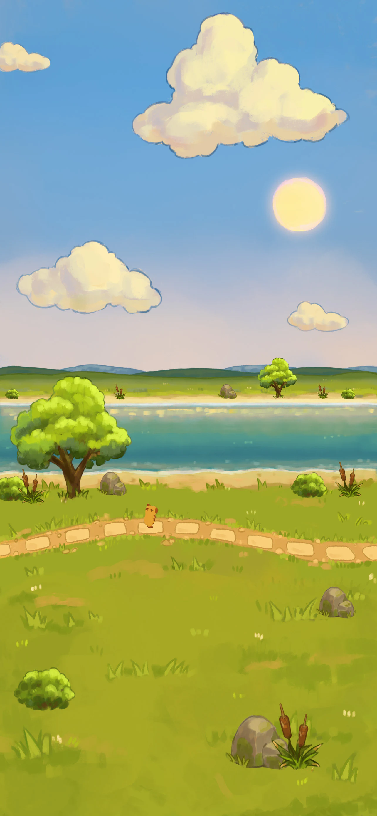 Capybara Springs Adventure scene showing a capybara on a riverside path beneath painted clouds.
