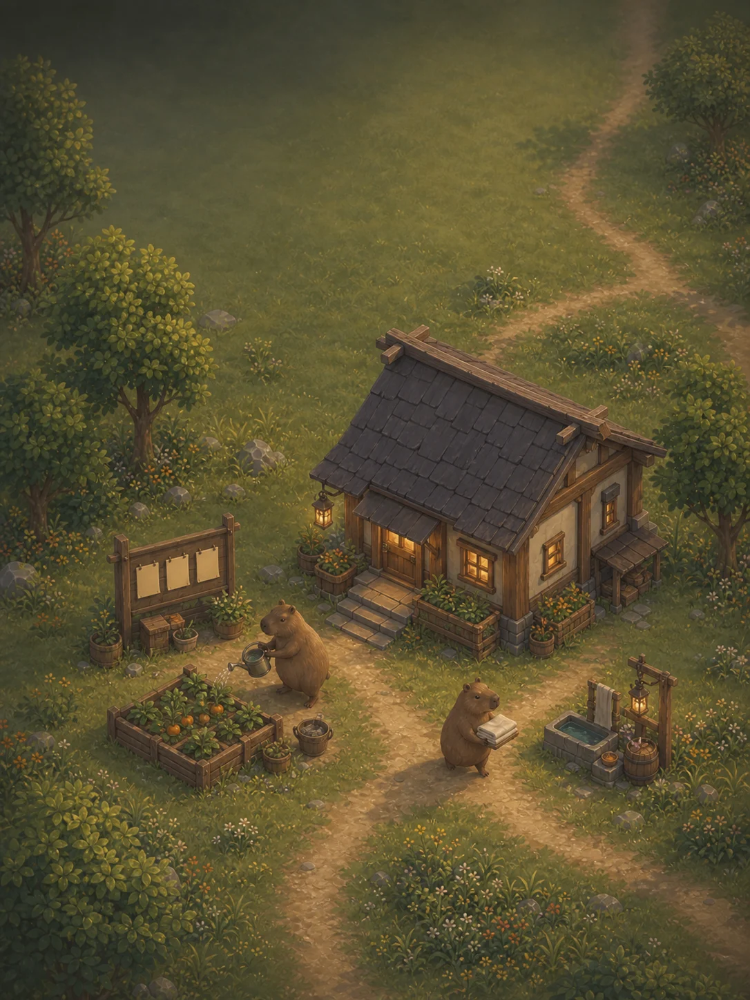 Two capybaras caring for a home and garden in their Springs.