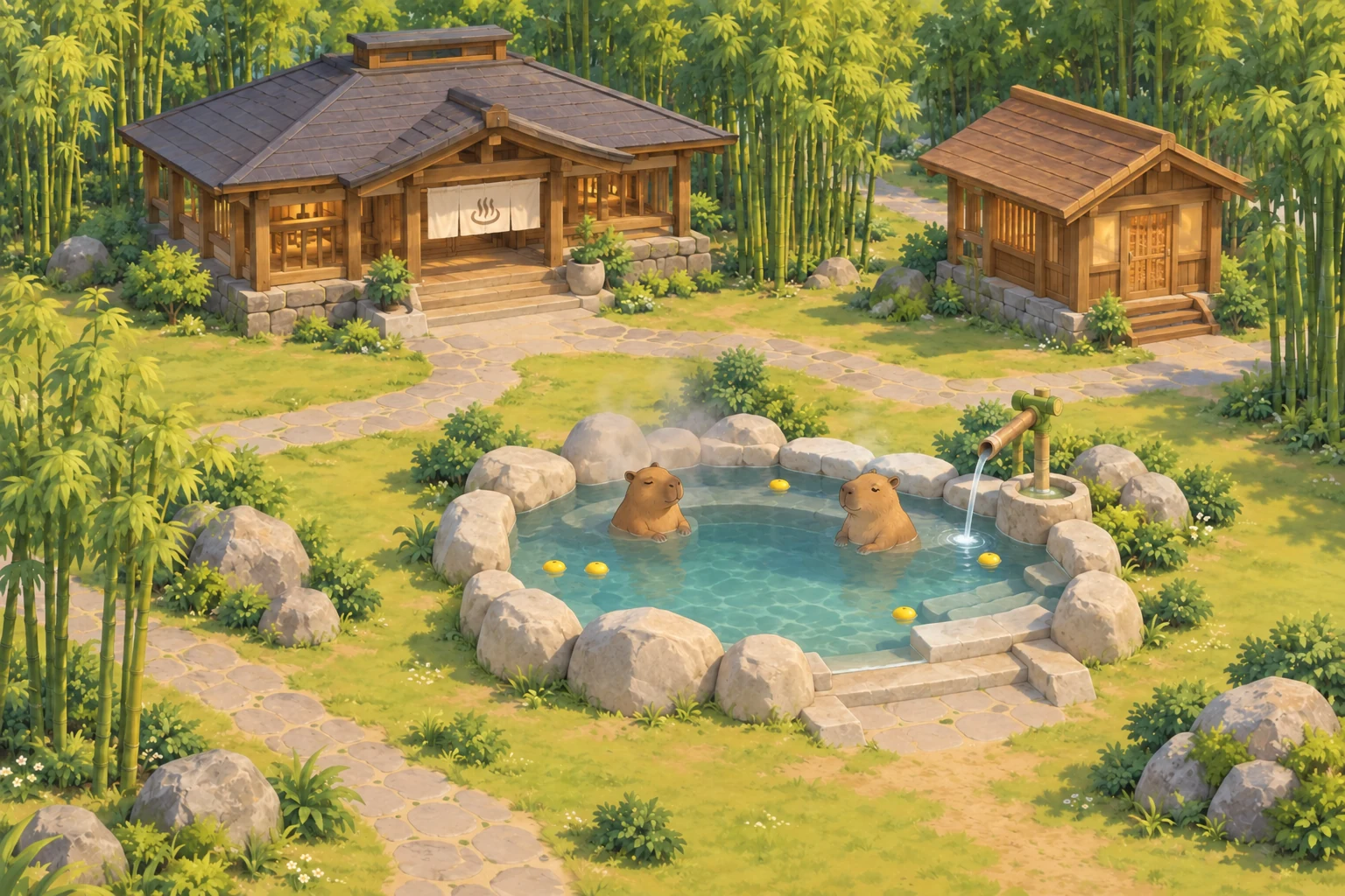 Capybara Springs bathhouse concept illustration with two capybaras relaxing in a stone hot spring beside bamboo and wooden buildings.