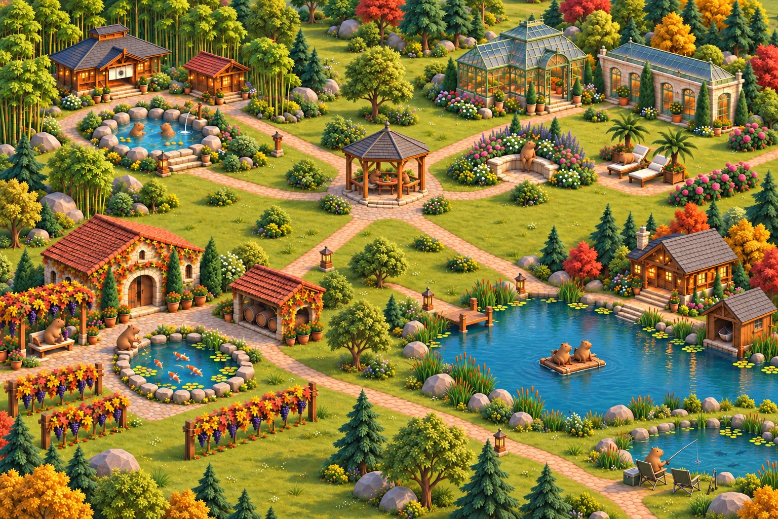 Capybara Springs village concept illustration with connected paths, bathhouses, gardens, greenhouses, ponds, and capybaras.